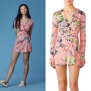 DVF Silk Floral Long Sleeve V-Neck Wrap Style Tie Waist Faux Mini Dress Romper 8